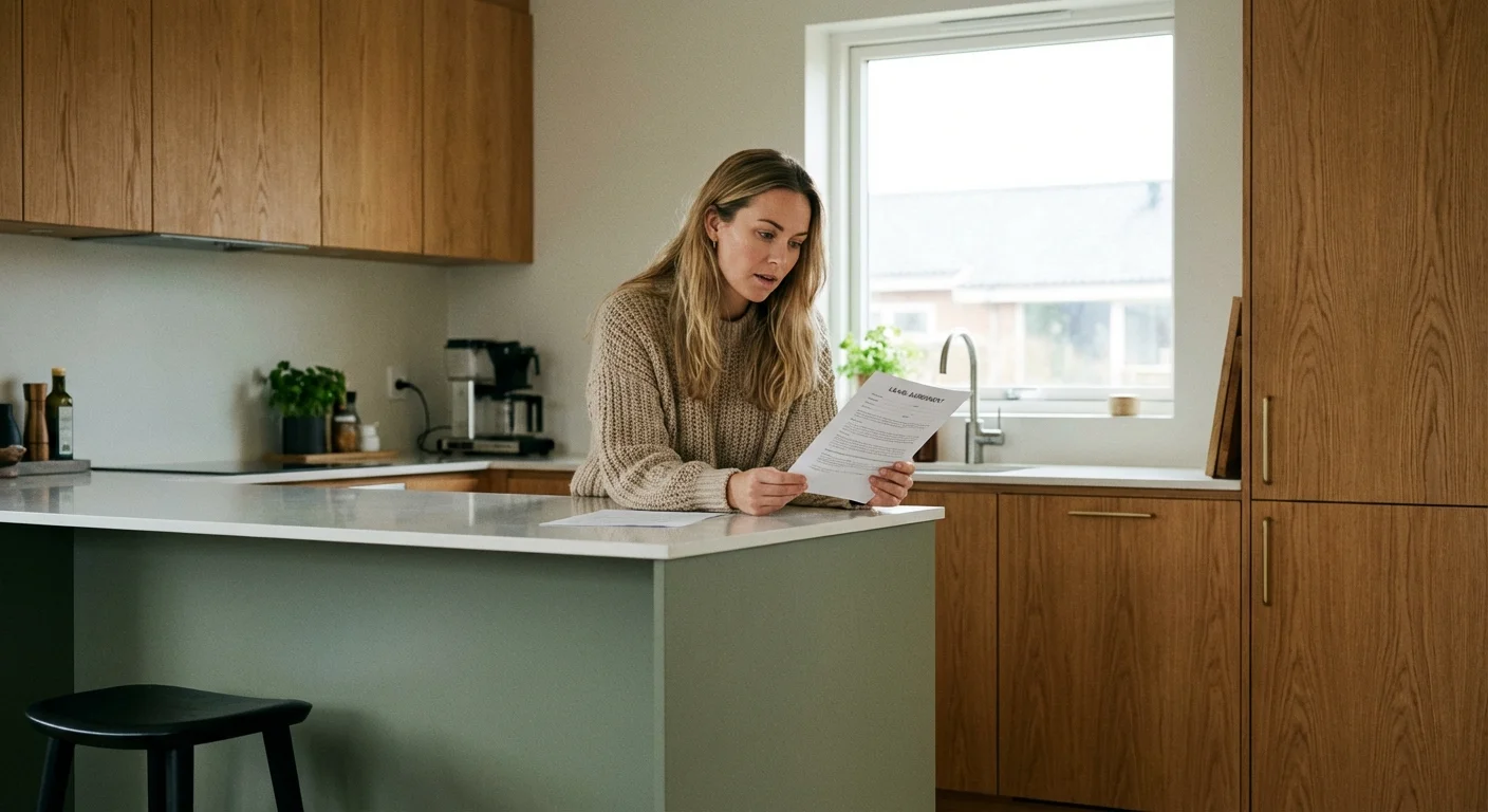 A person thoughtfully reading a lease agreement in a sunlit kitchen.