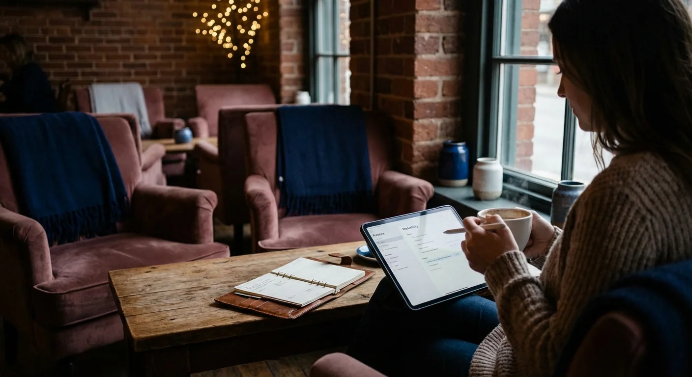 A person thoughtfully reviewing a tablet and planner in a quiet, modern cafe.