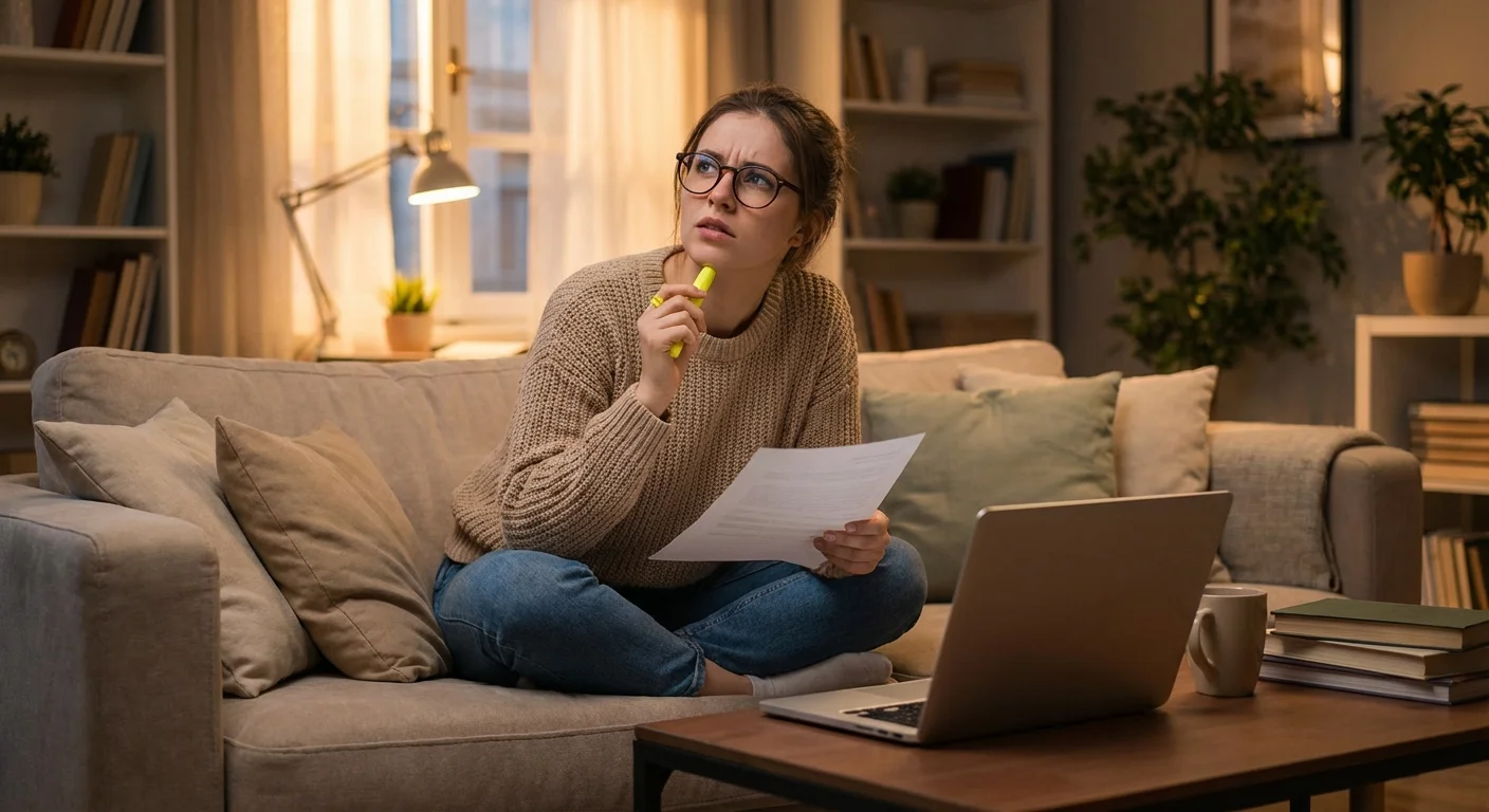 A person thoughtfully reviewing financial documents on a sofa.