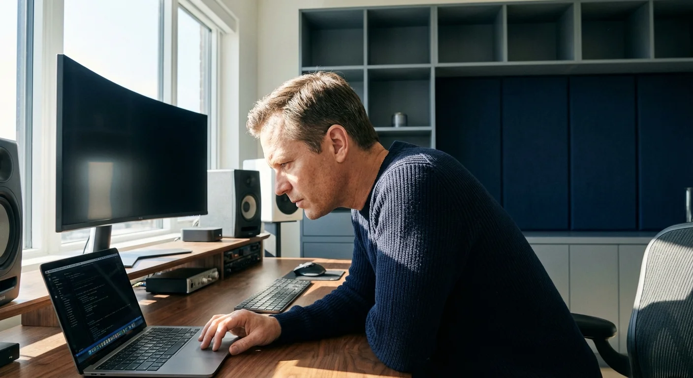 A person thoughtfully reviewing financial receipts inside a cozy mountain cabin.