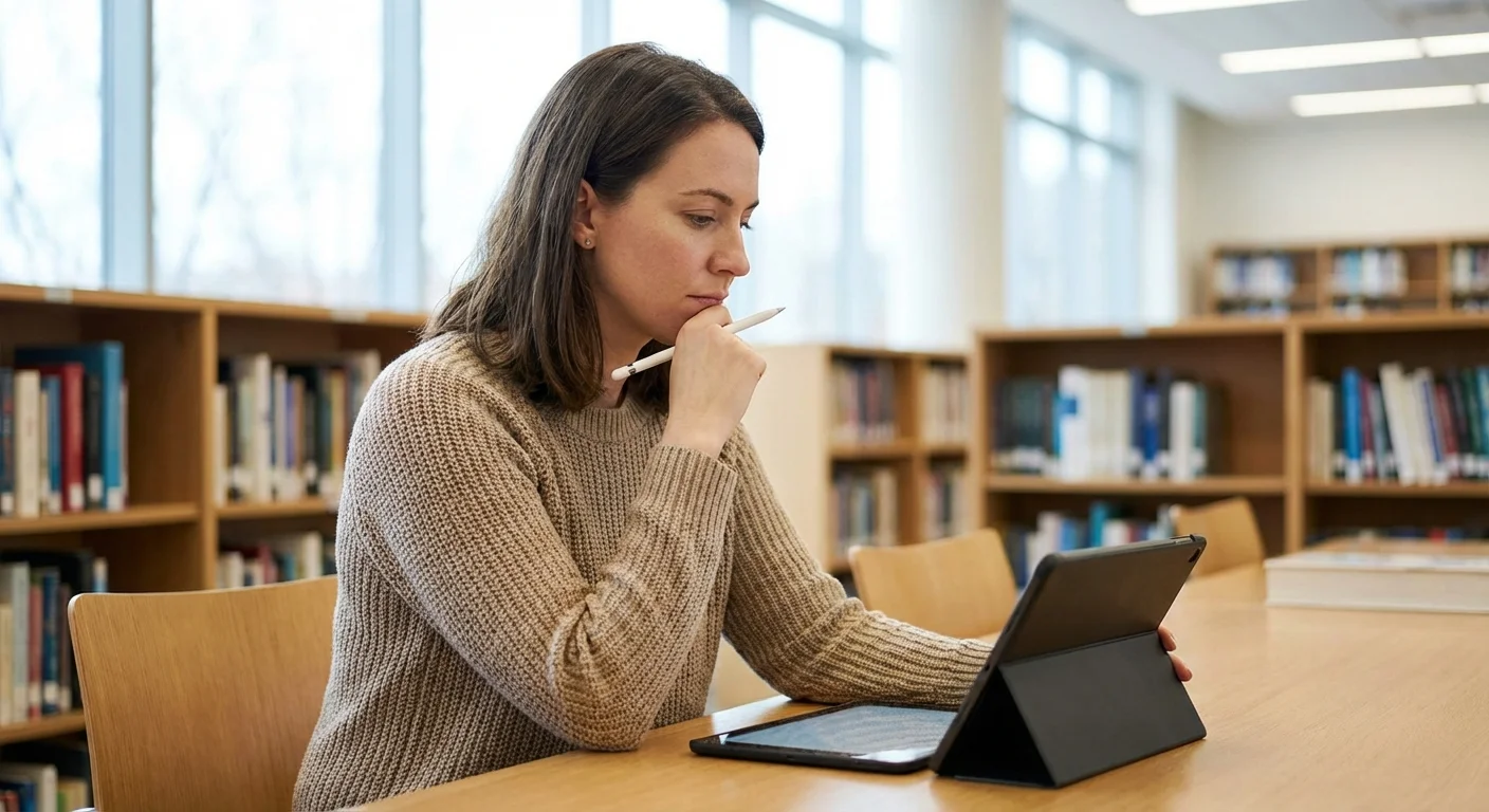 A person thoughtfully reviewing information on a tablet in a library.