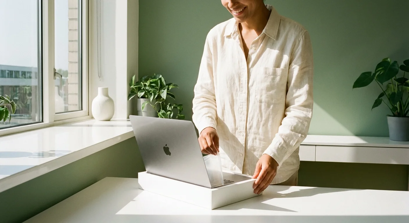 A person unboxing a brand new laptop, representing replacement cost coverage.