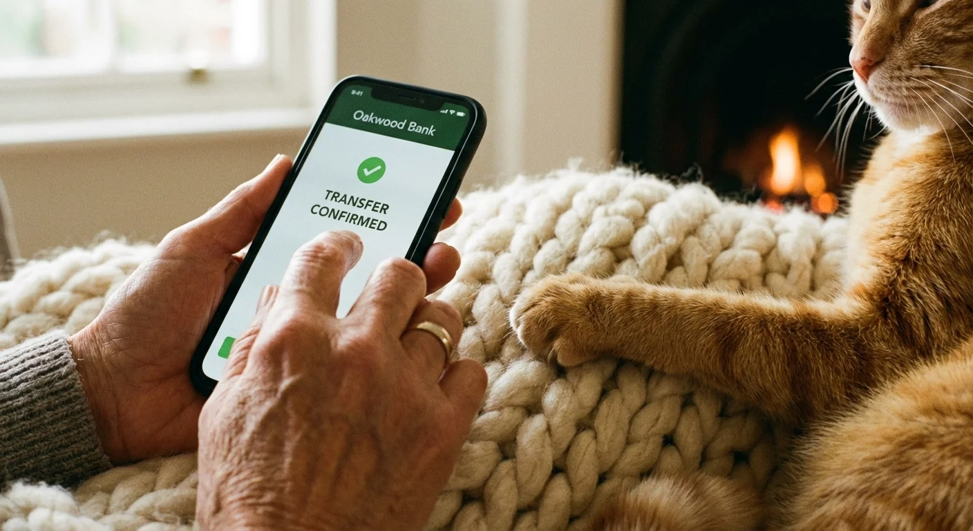 A person uses a banking app on their phone while a cat rests nearby.
