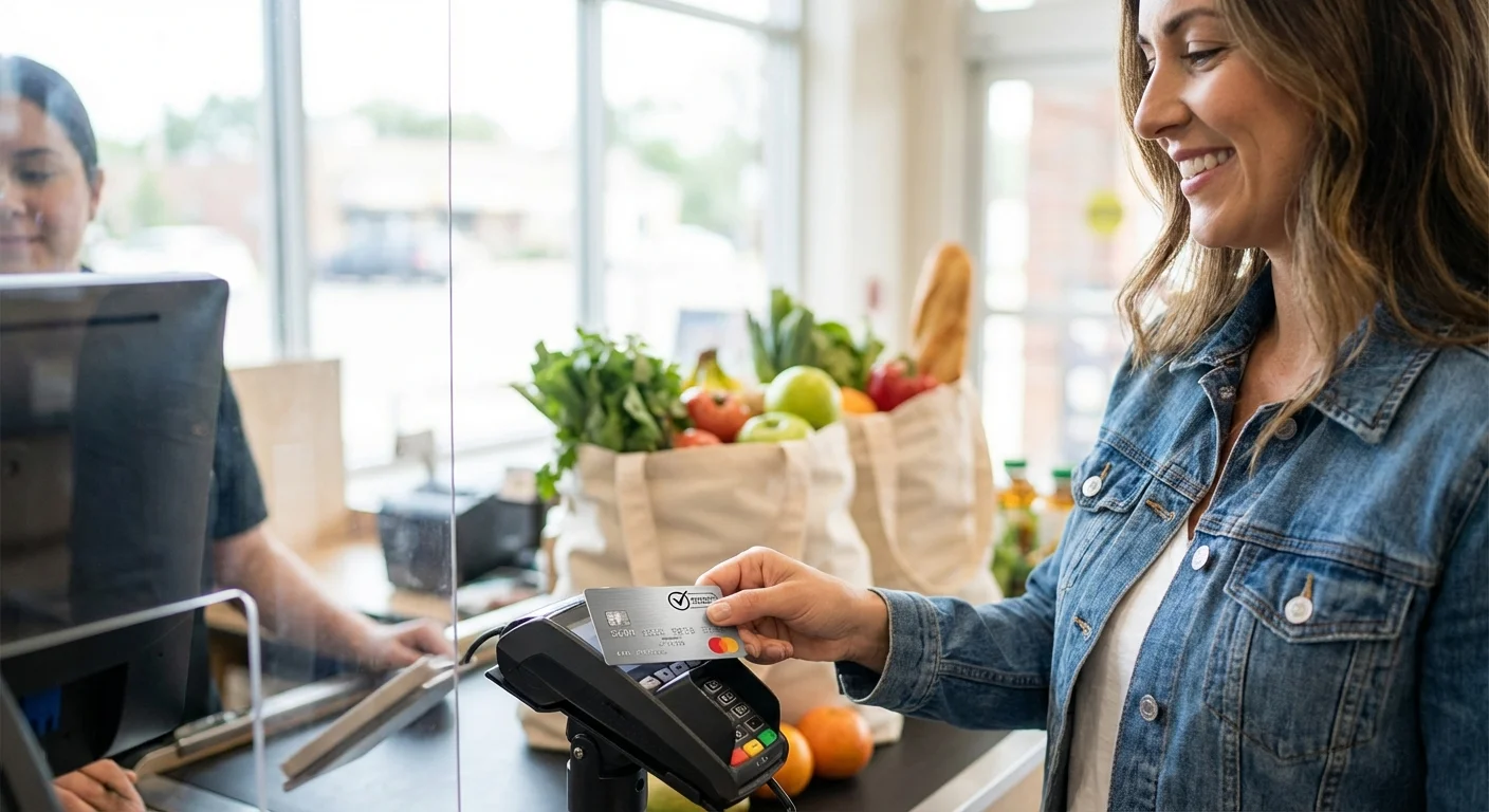 A person using a credit card at a grocery store, showing the practical utility of revolving credit.