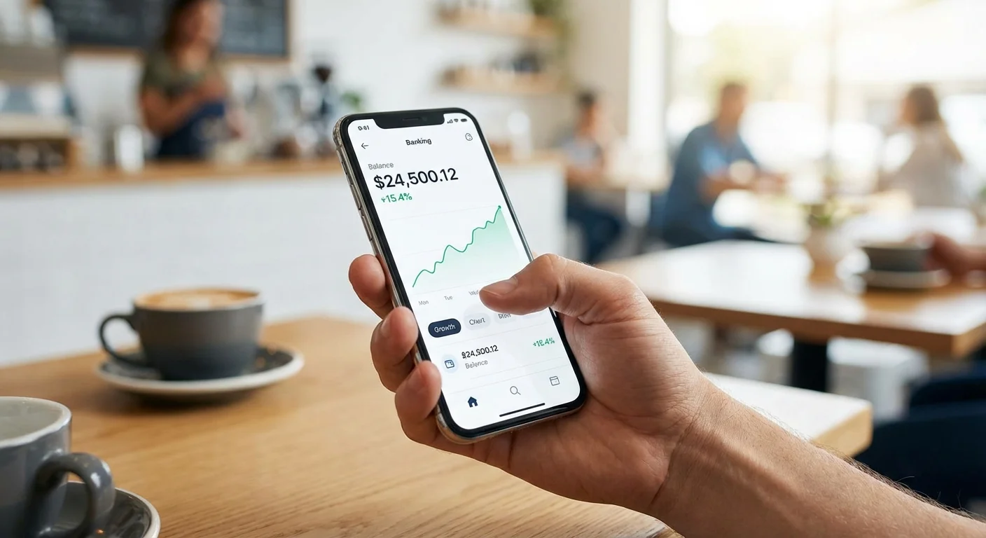 A person using a financial app on a smartphone in a bright setting.