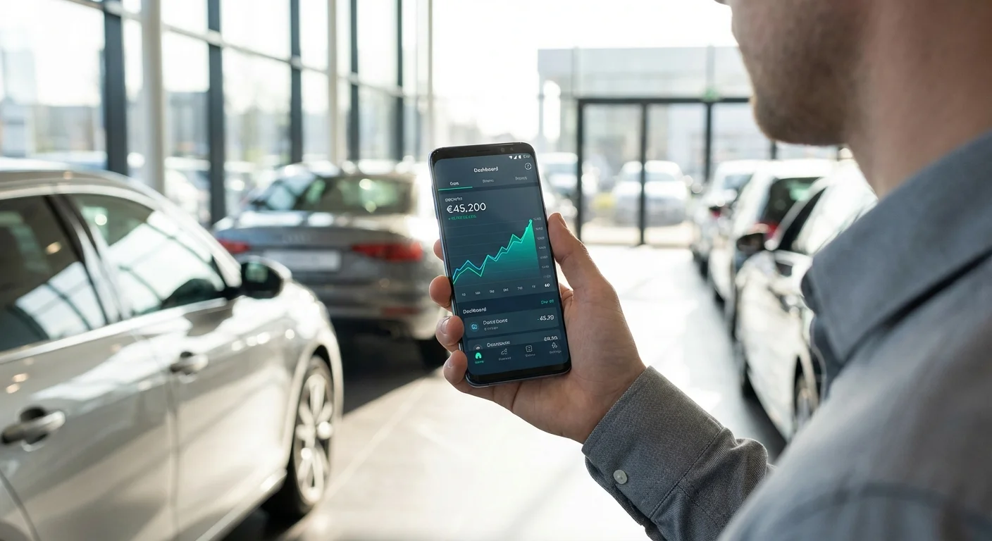 A person using a financial app on their phone inside a car showroom.