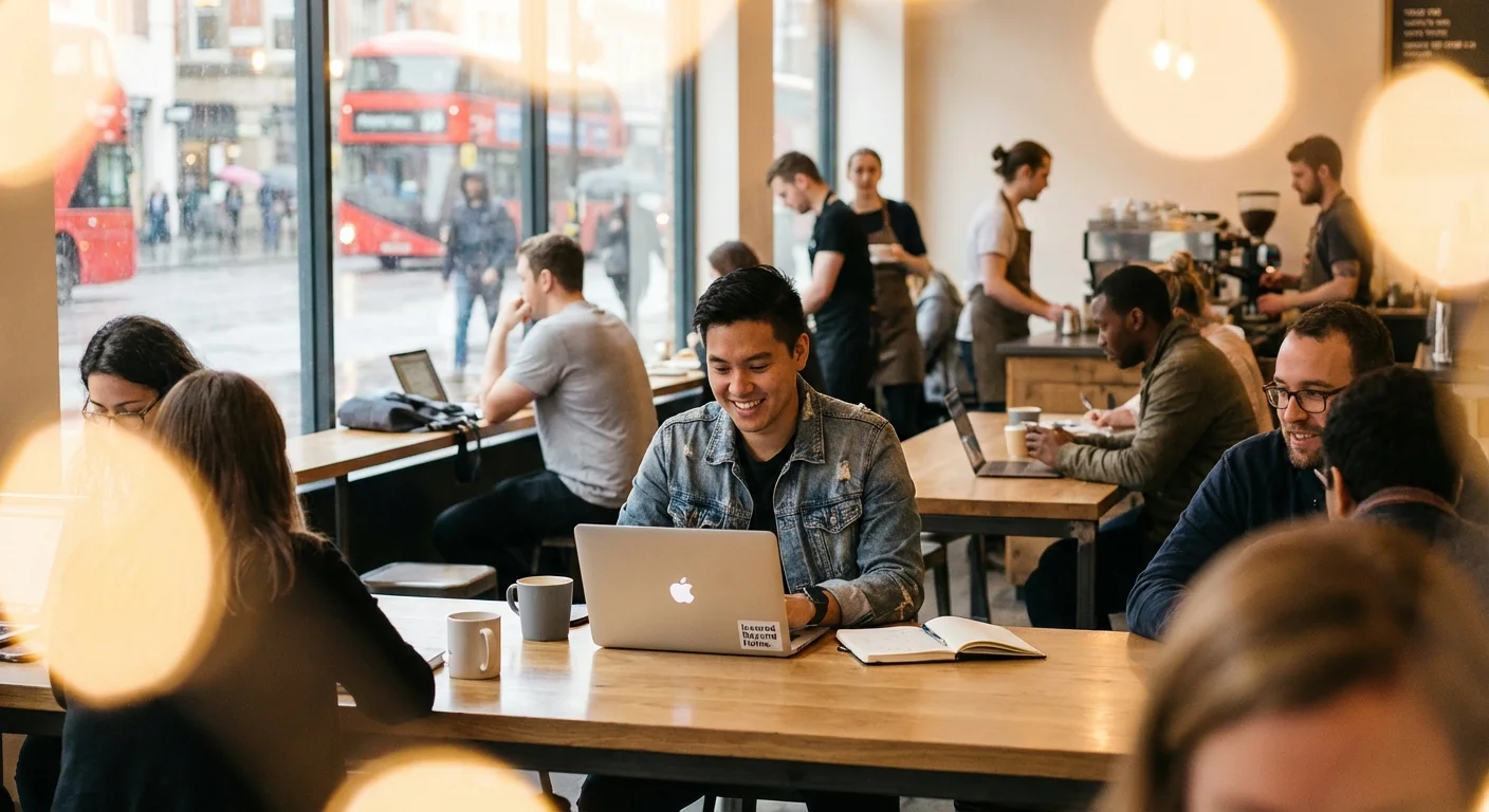 A person using a laptop in a bright, modern coffee shop with a soft bokeh background.