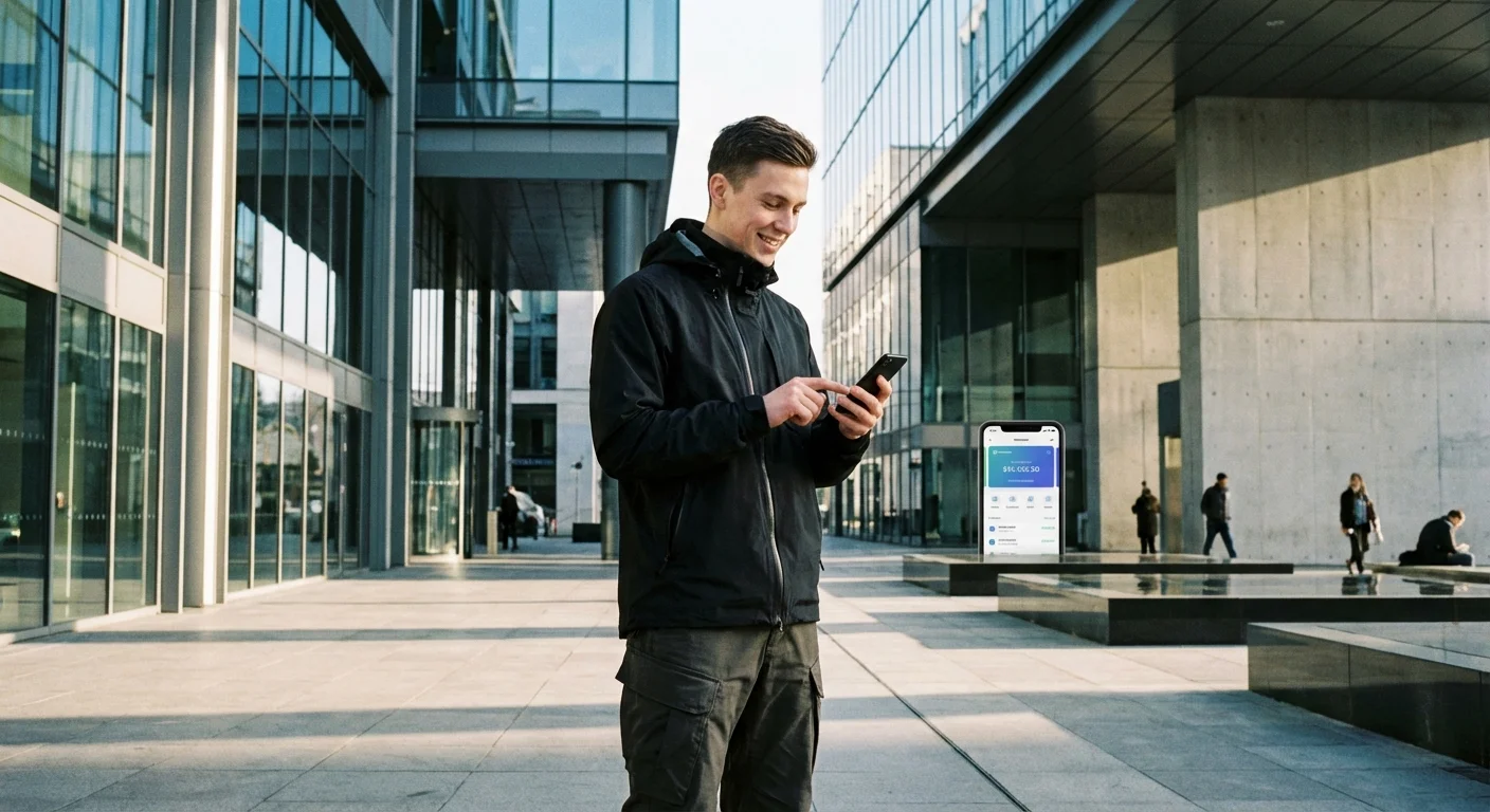 A person using a mobile banking app in a modern, high-tech urban environment.