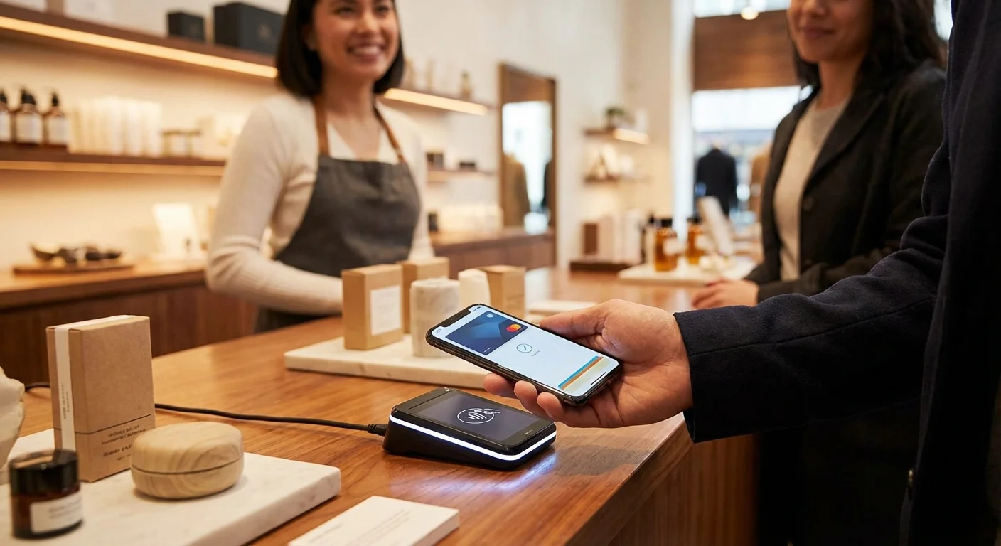 A person using a smartphone for a contactless payment at a retail counter.