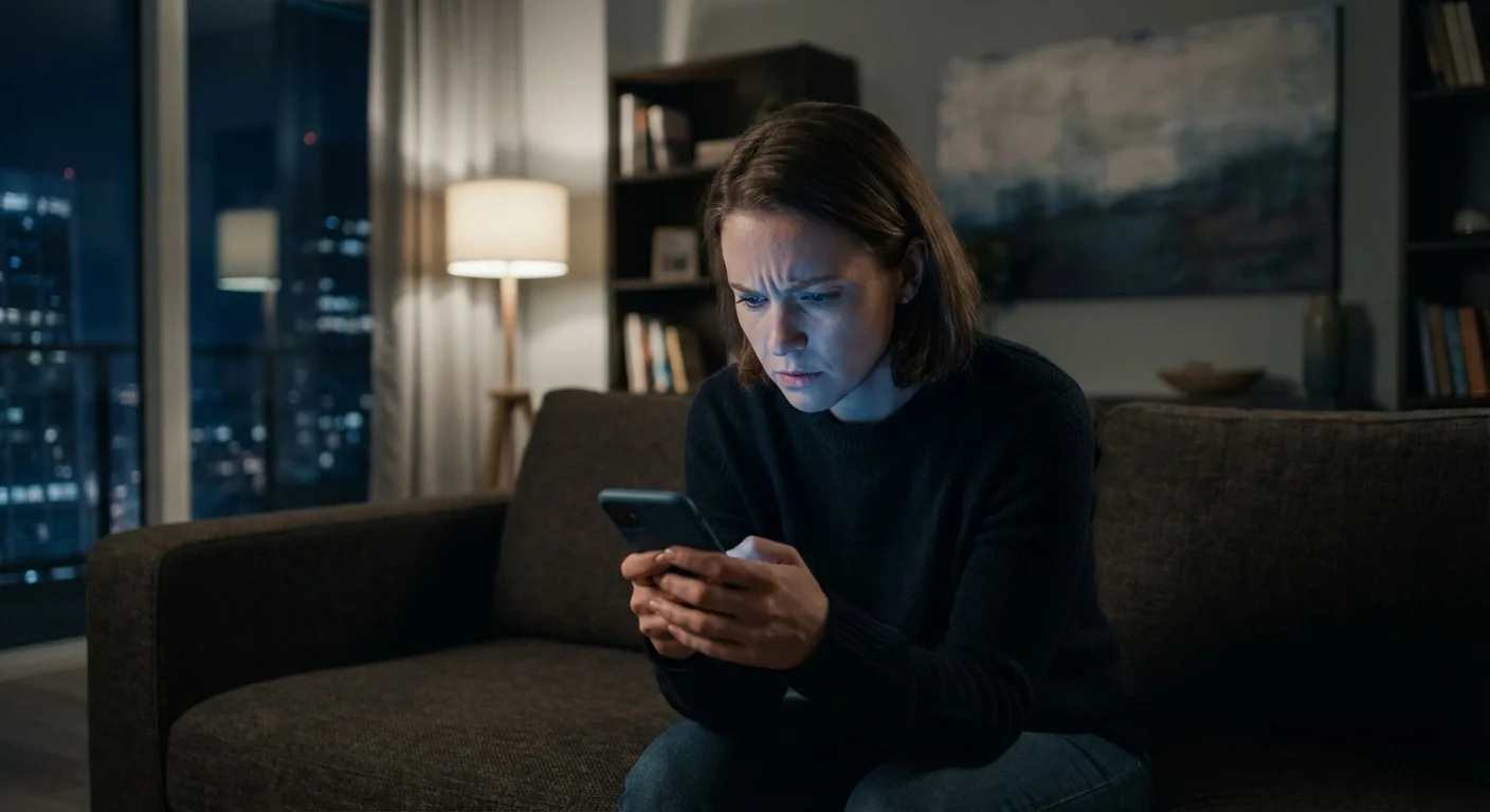 A person using a smartphone in a modern living room at night.