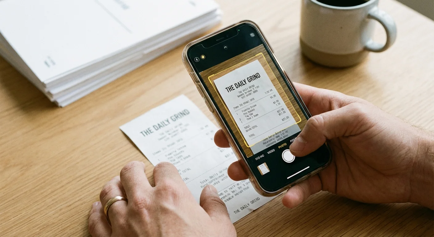 A person using a smartphone to digitally scan a paper receipt.