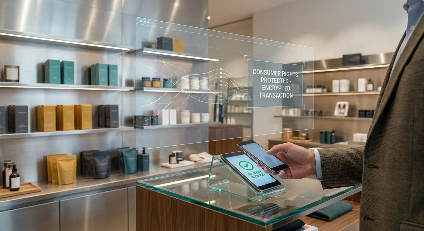 A person using a smartphone to pay at a modern retail checkout counter.