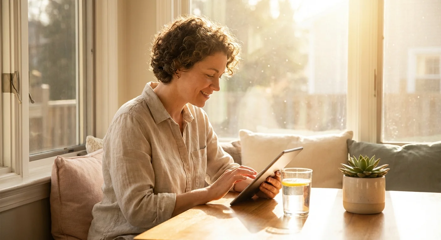 A person using a tablet in a sunny breakfast nook, looking calm and empowered.