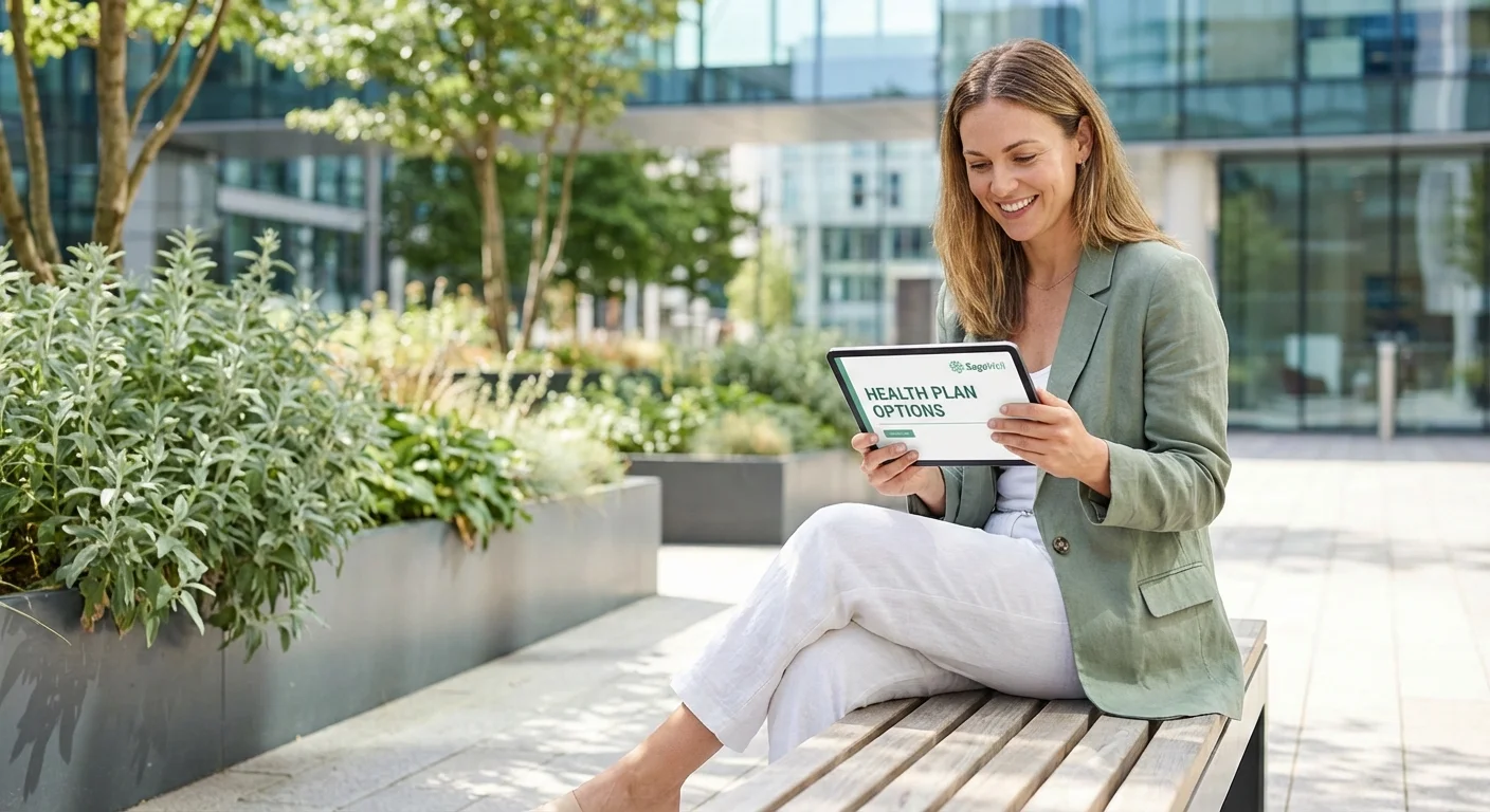 A person using a tablet outdoors in a modern city environment to research health plans.