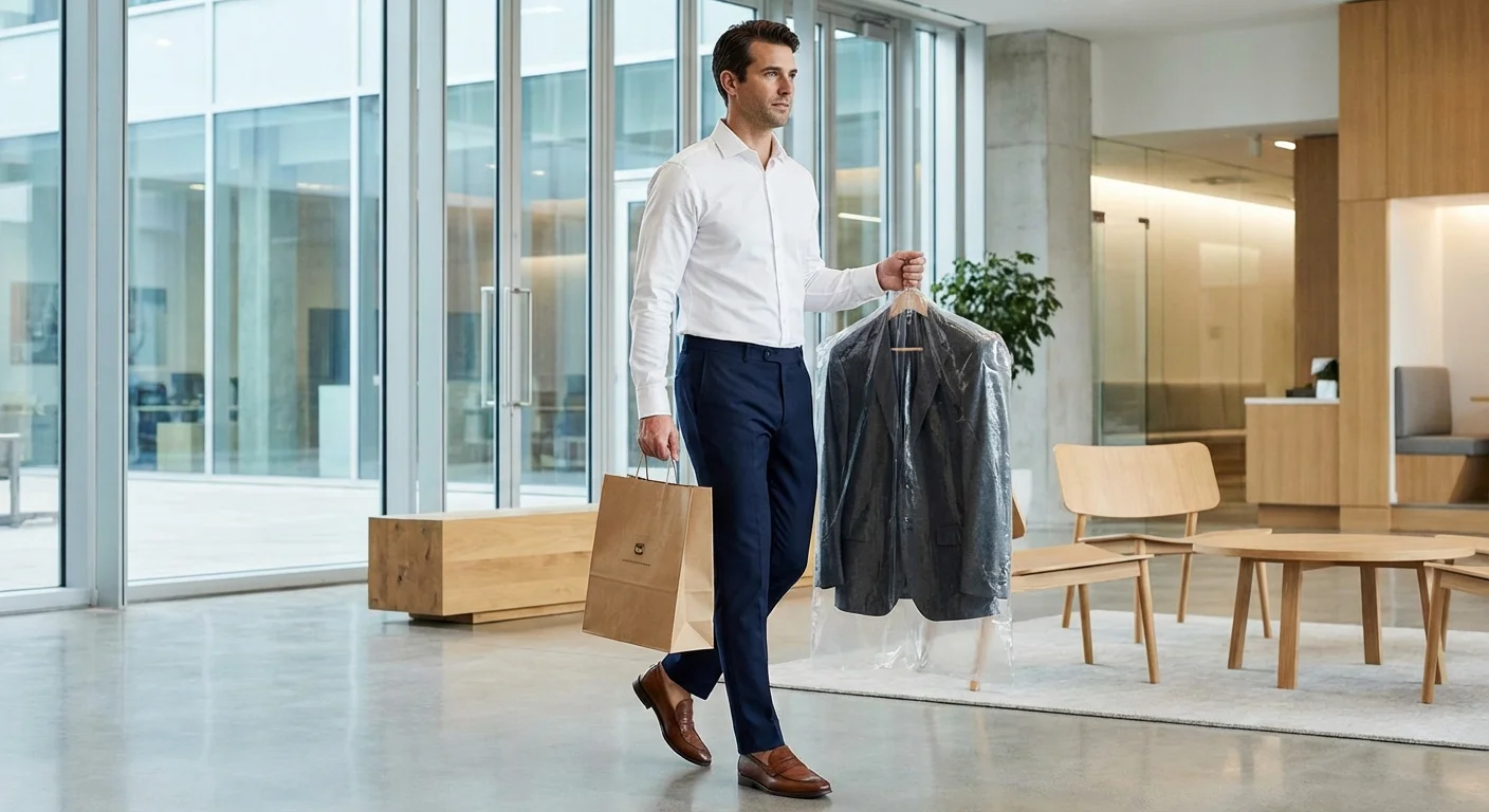 A person walking down a bright, modern office hallway toward a sunlit window.