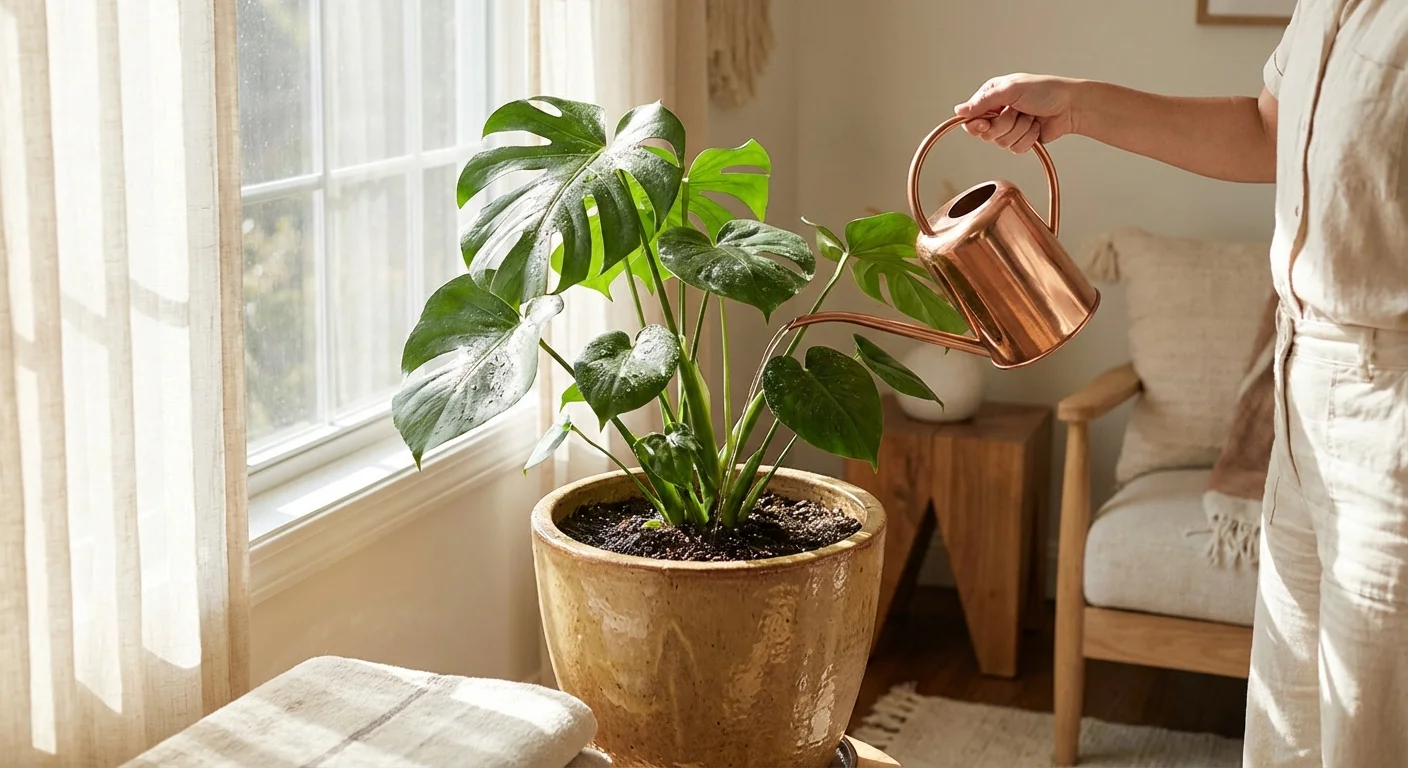 A person watering a healthy houseplant, serving as a metaphor for financial maintenance.