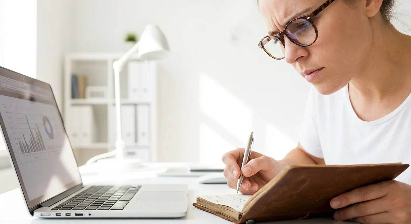 A person wearing glasses focused on a screen while taking notes in a leather journal.