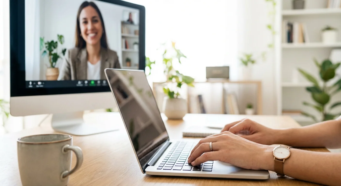 A person working on a laptop with a video consultation visible in the background.