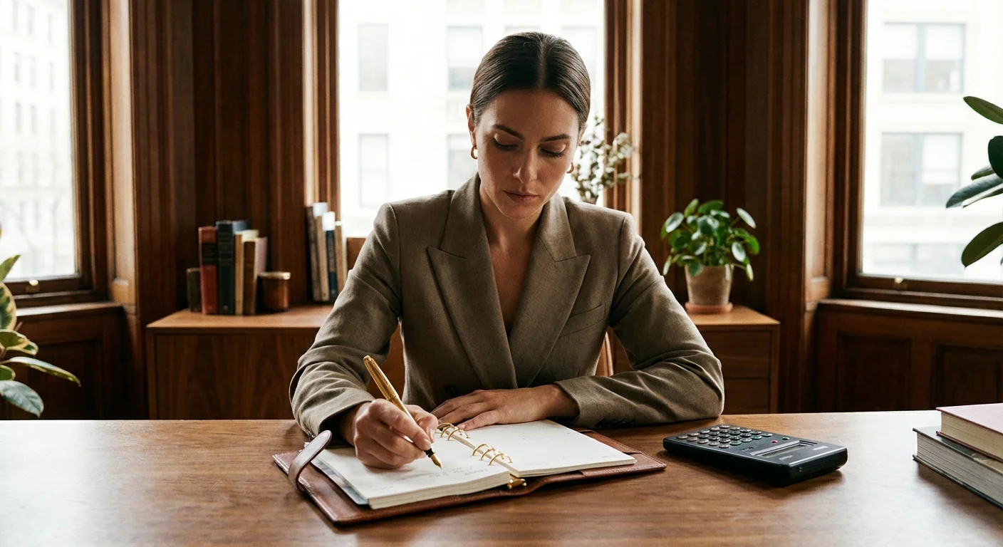 A person writing in a planner with a calculator on the table.