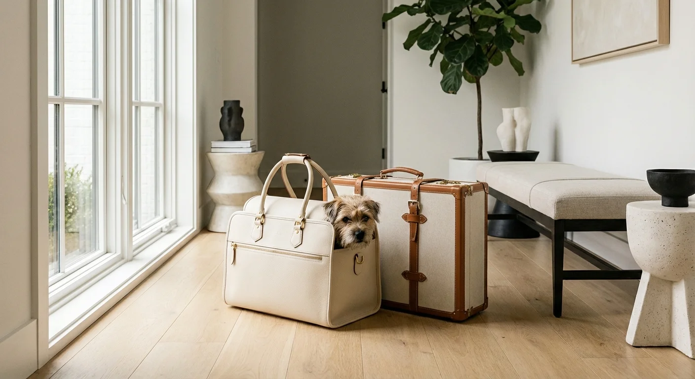 A pet carrier and a suitcase in a hallway, representing the hidden costs of pet-friendly travel.