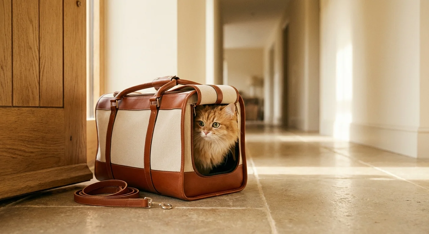 A pet carrier and leash sitting by a front door in a bright hallway.