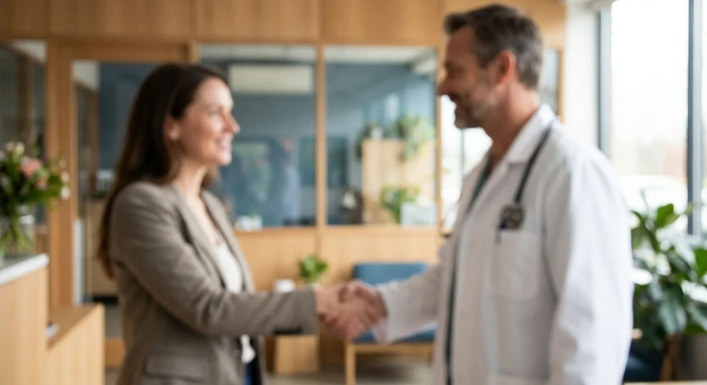 A pet owner shaking hands with a veterinarian in a professional office.