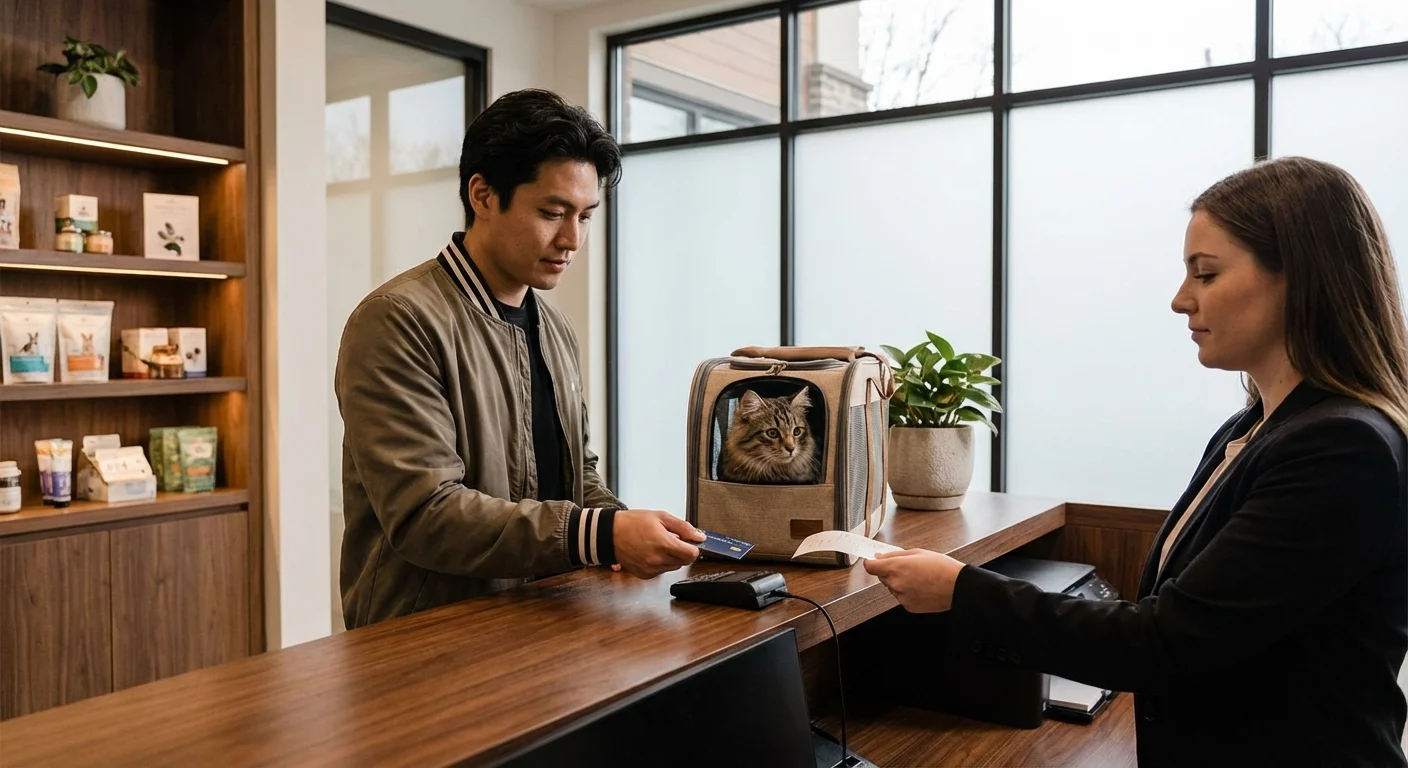 A pet owner uses a credit card to pay at a veterinary clinic reception desk.