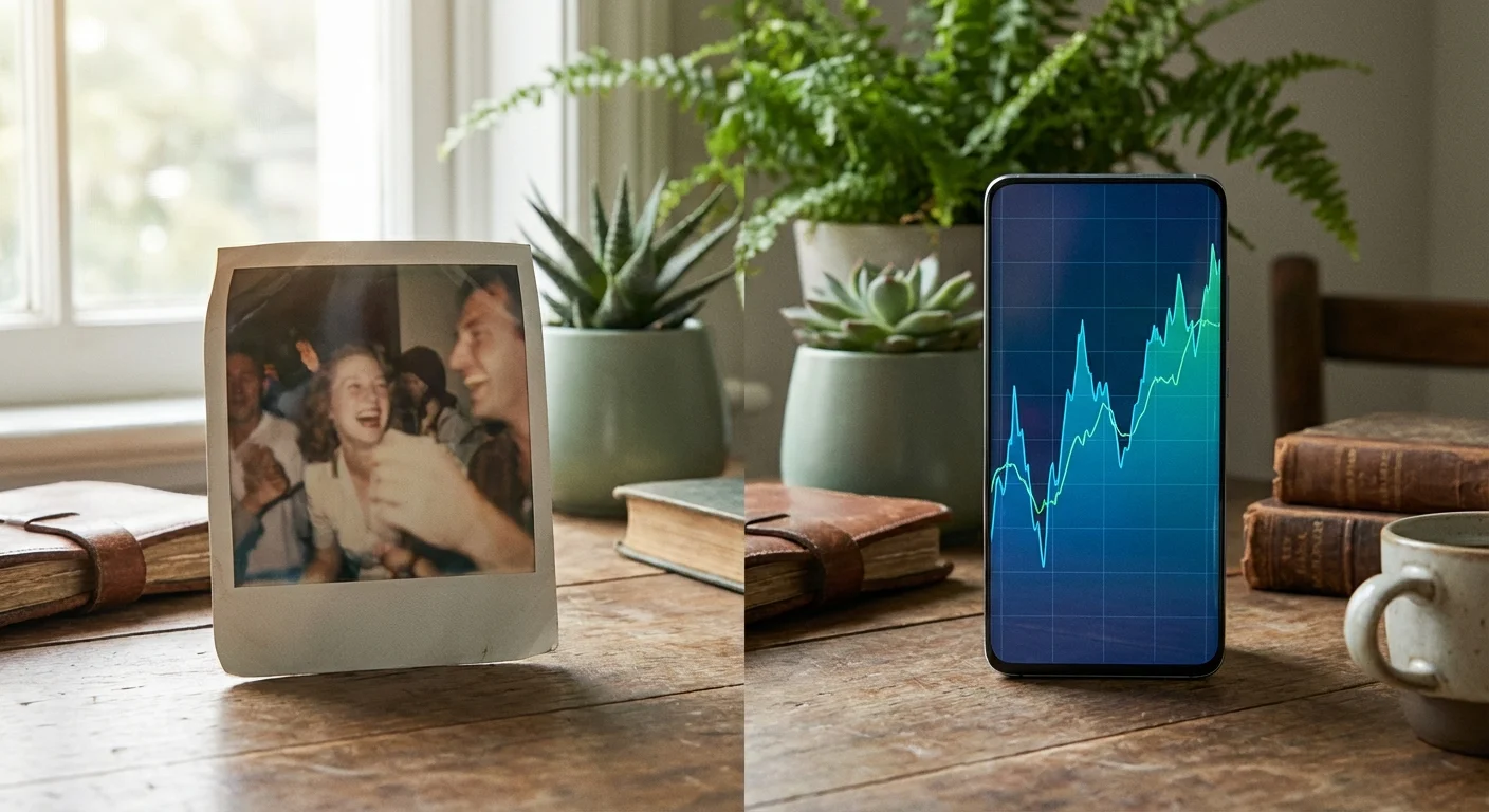 A polaroid next to a smartphone with a graph, symbolizing the shift from static to trended credit data.