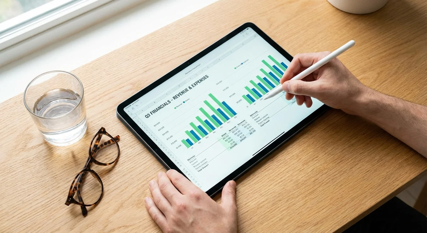 A professional analyzing financial documents and a calculator at a desk in soft light.