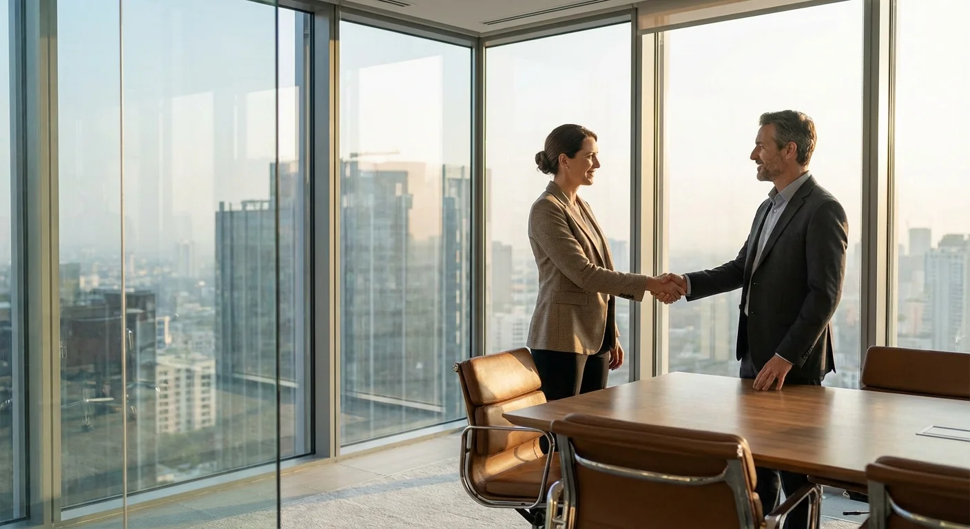 A professional and a consultant shaking hands in a modern, sunlit office.