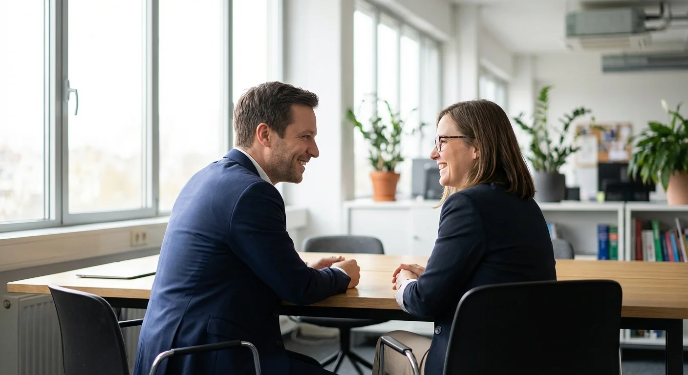 A professional consultation between two people in a bright, modern office.