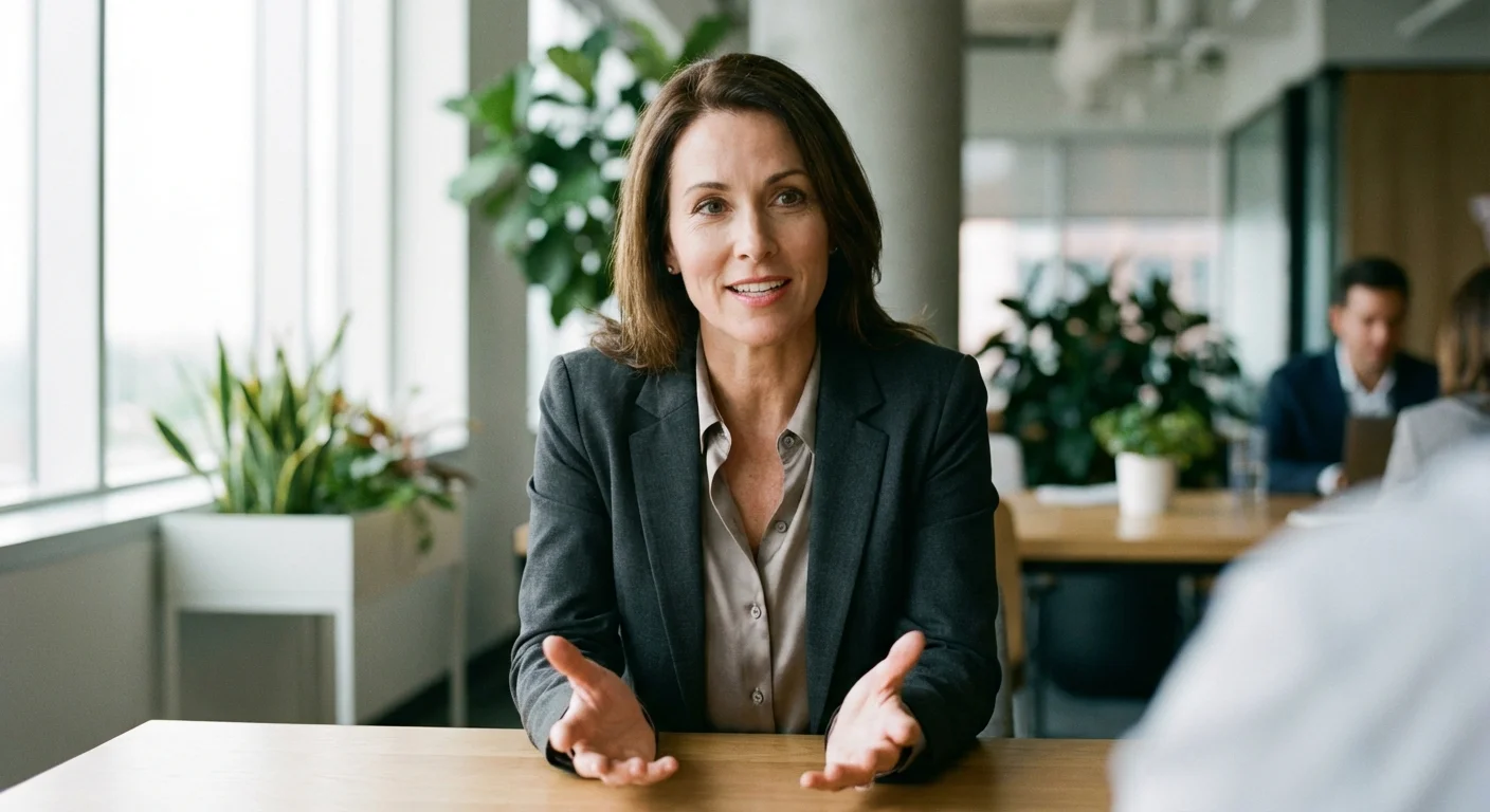 A professional engaging in a confident conversation across a table in an office.