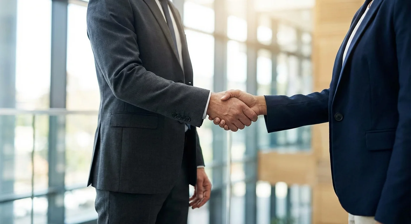 A professional handshake in a bright, modern office setting.