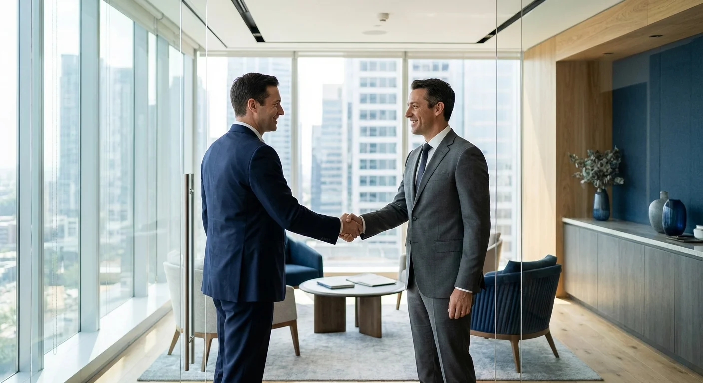 A professional handshake in a modern office, representing lender relationships.