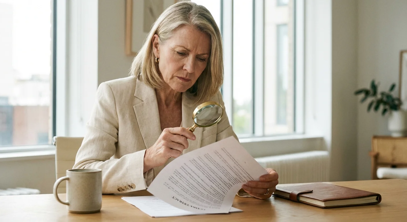 A professional intently reviewing the fine print of a legal document in a bright office.