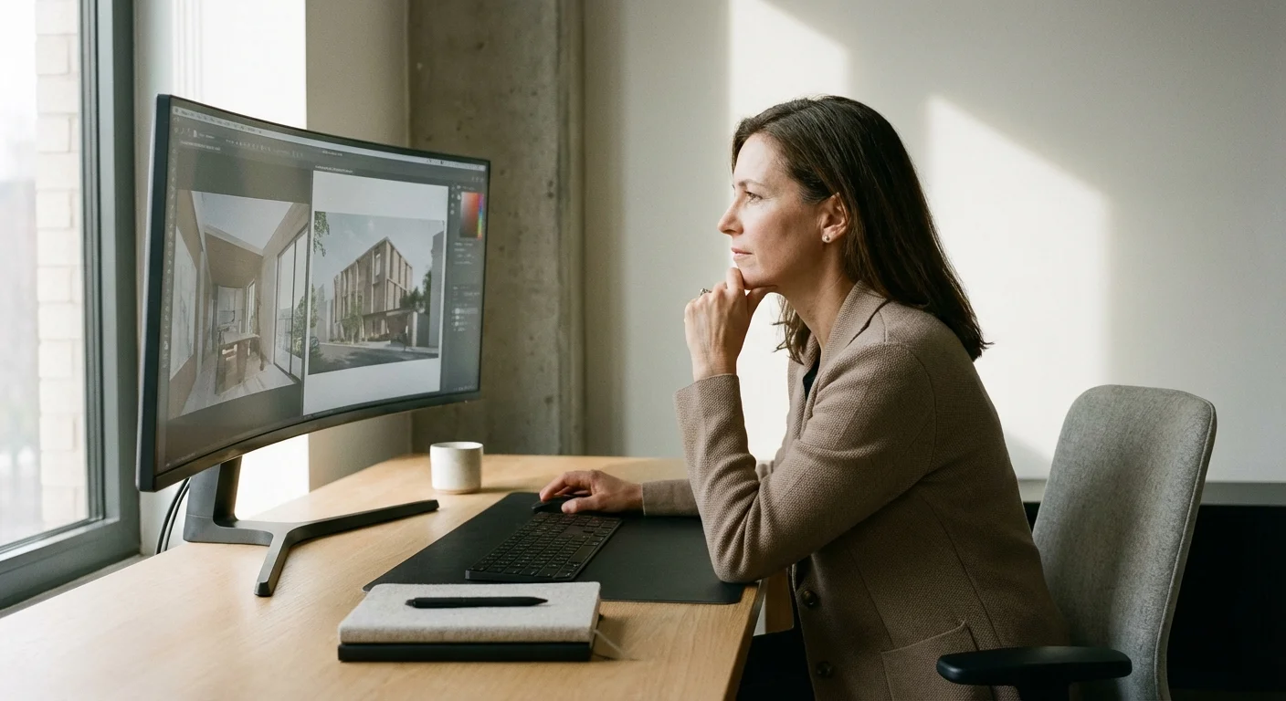 A professional looking thoughtfully at a computer screen, depicting caution.