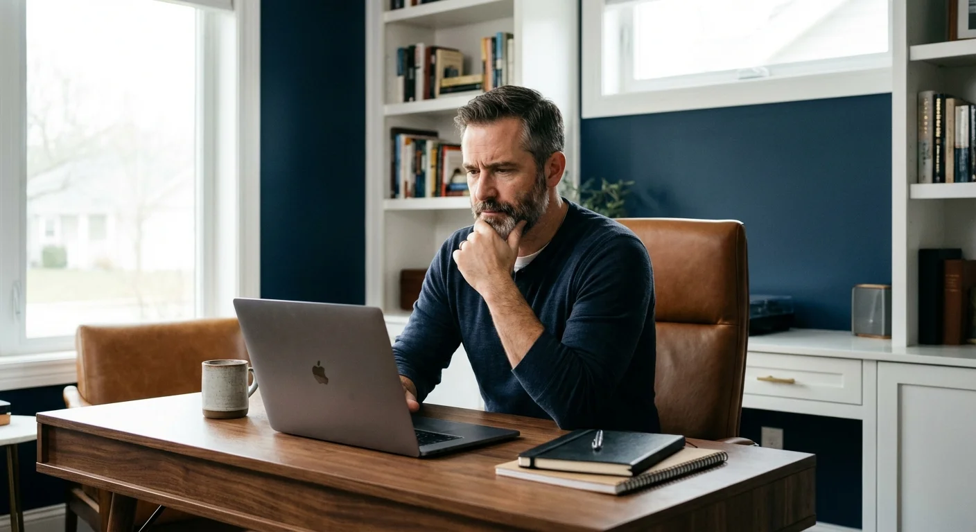 A professional looking thoughtfully at a computer screen in a home office.