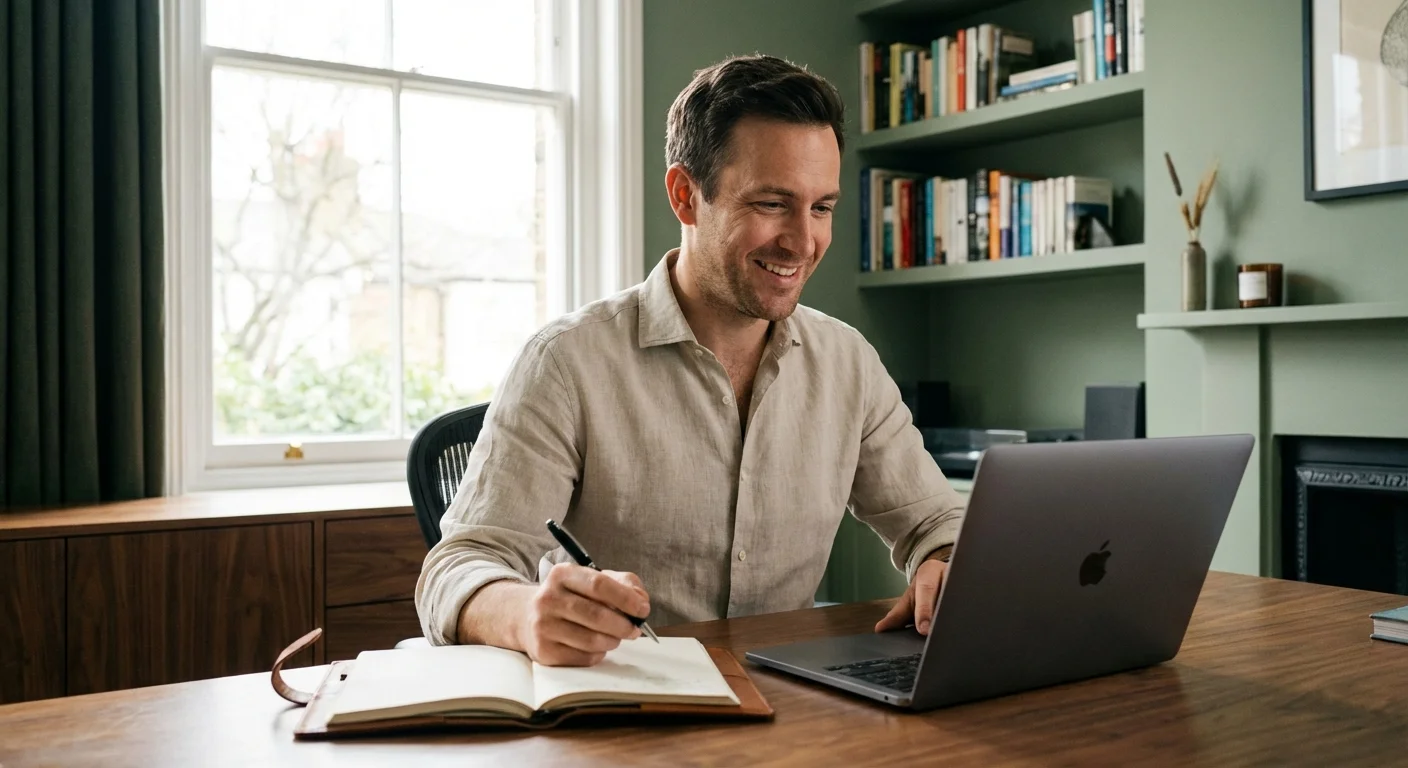 A professional man confidently participating in a video negotiation from his home office.