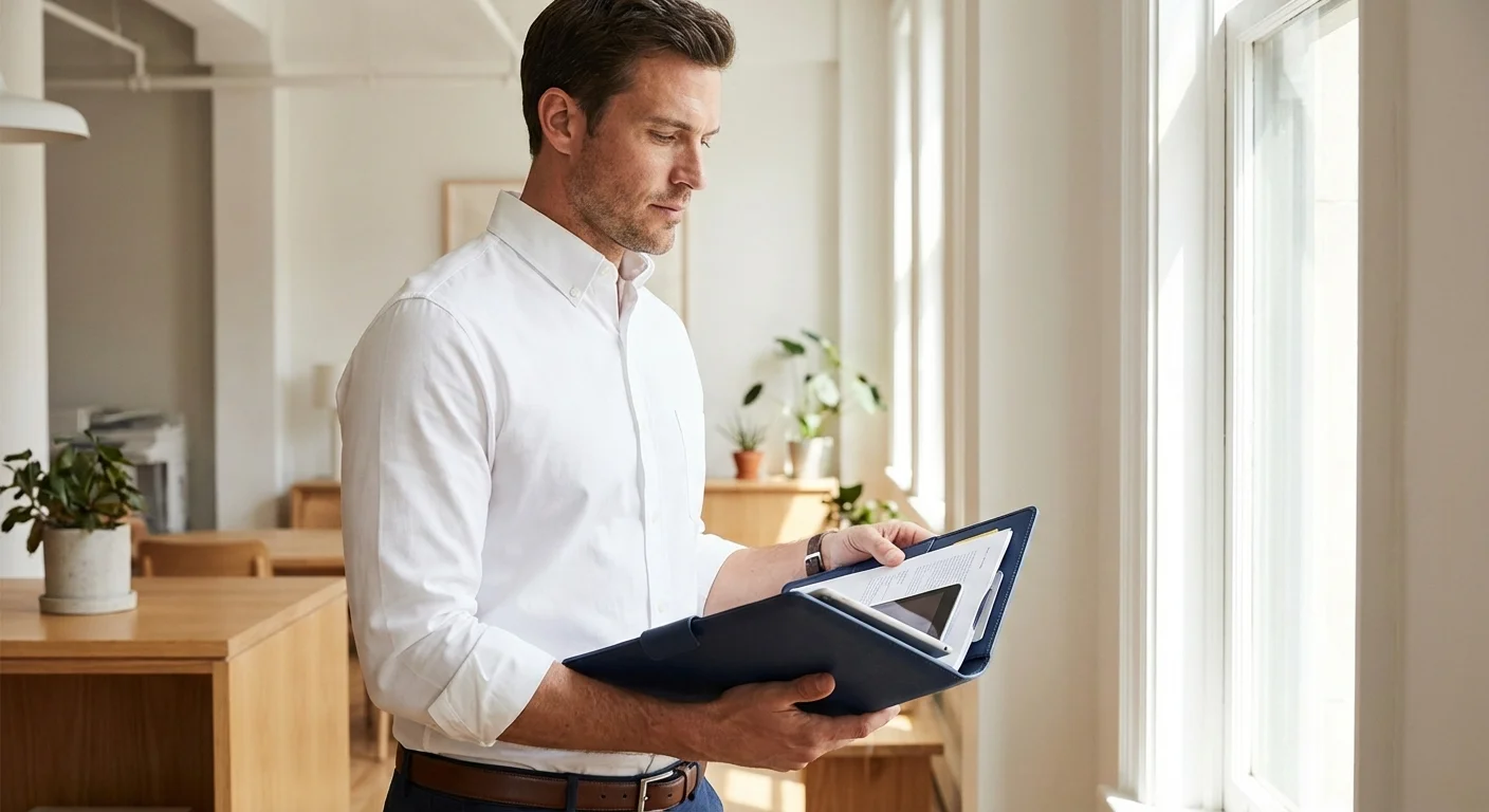 A professional man preparing documents in a bright office, symbolizing preparation for a raise negotiation.