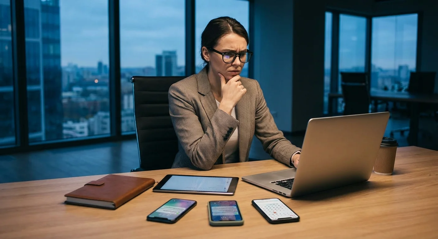 A professional managing multiple devices on a clean office desk.