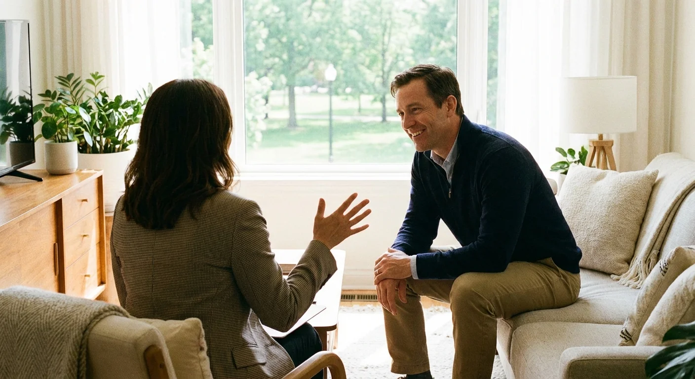 A professional meeting in a sunlit office between an advisor and a client.