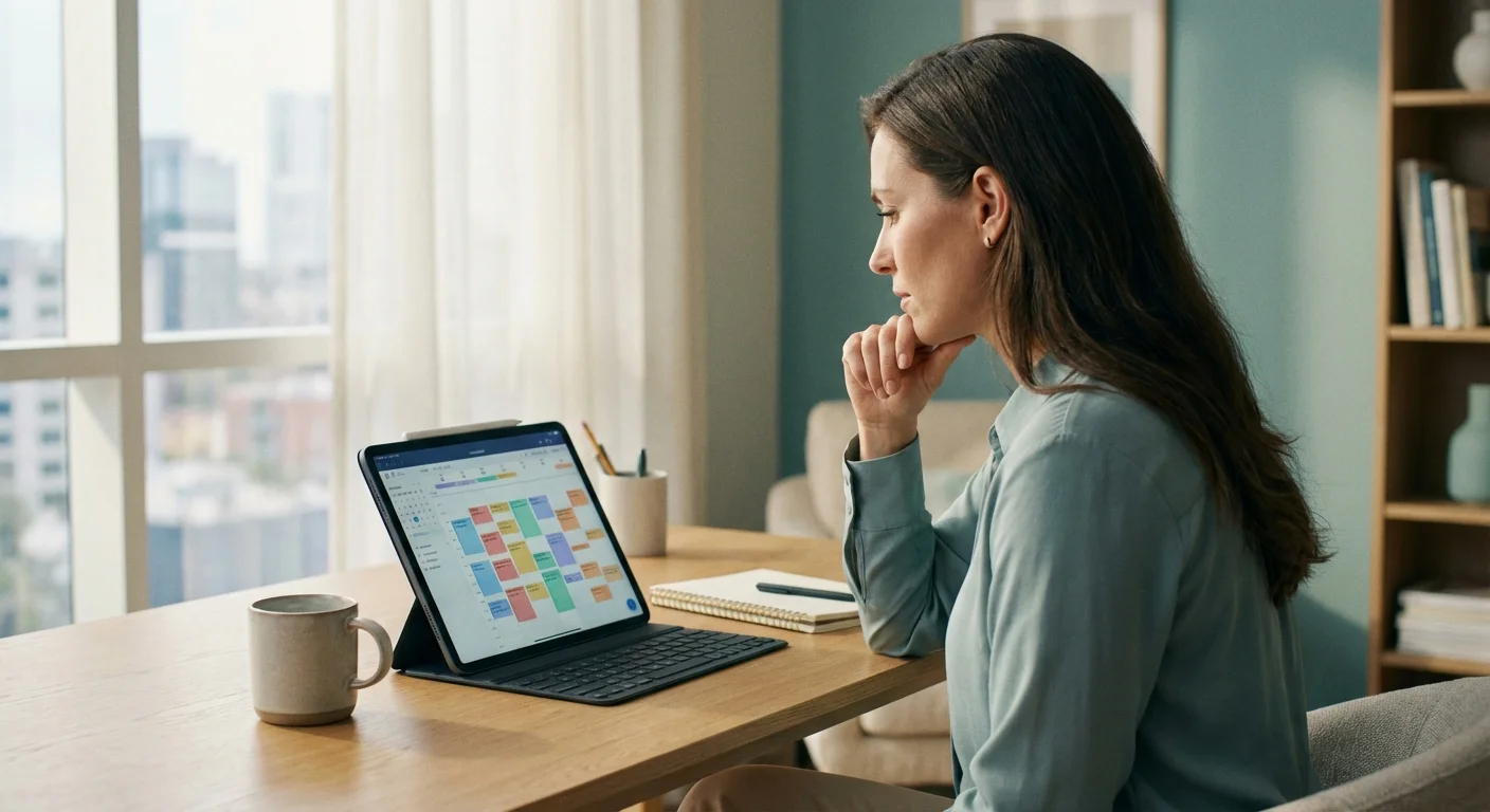A professional reviewing a busy schedule on a tablet in a bright office.