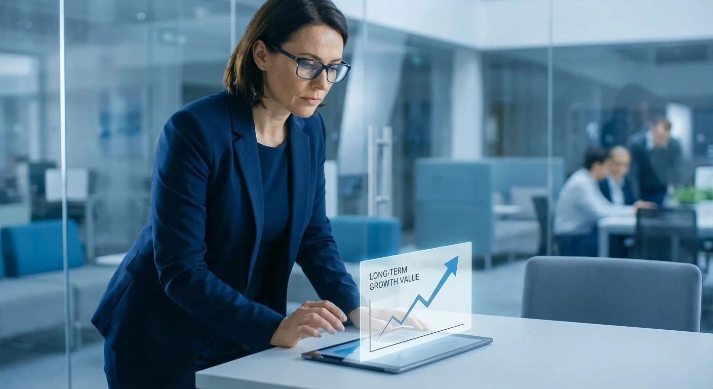 A professional reviewing a growth chart on a digital tablet in a modern corporate setting.