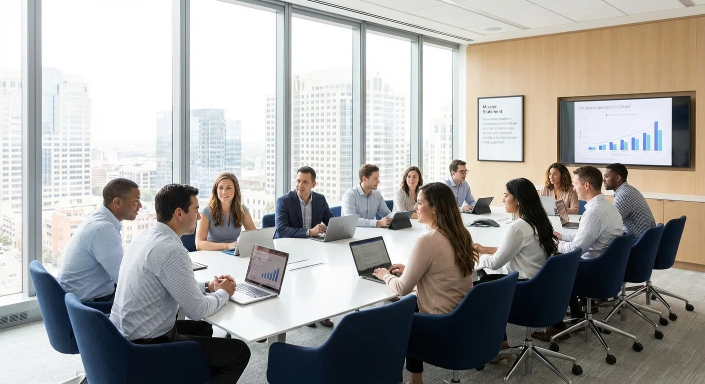 A professional team working together in a bright, modern corporate office with blue accents.