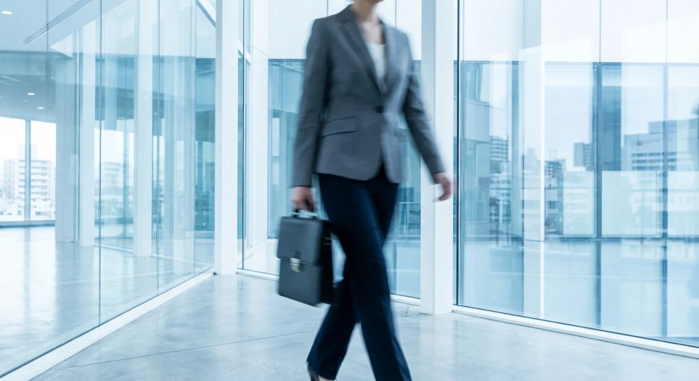 A professional walking through a modern, glass-walled office hallway.