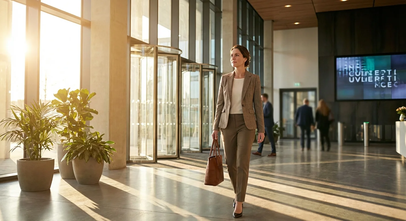 A professional walking through a sunlit office lobby with a determined look.