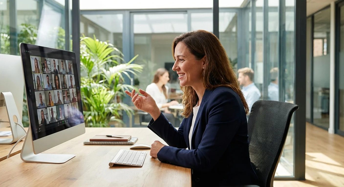 A professional woman having a video consultation in a bright office, representing financial advice.