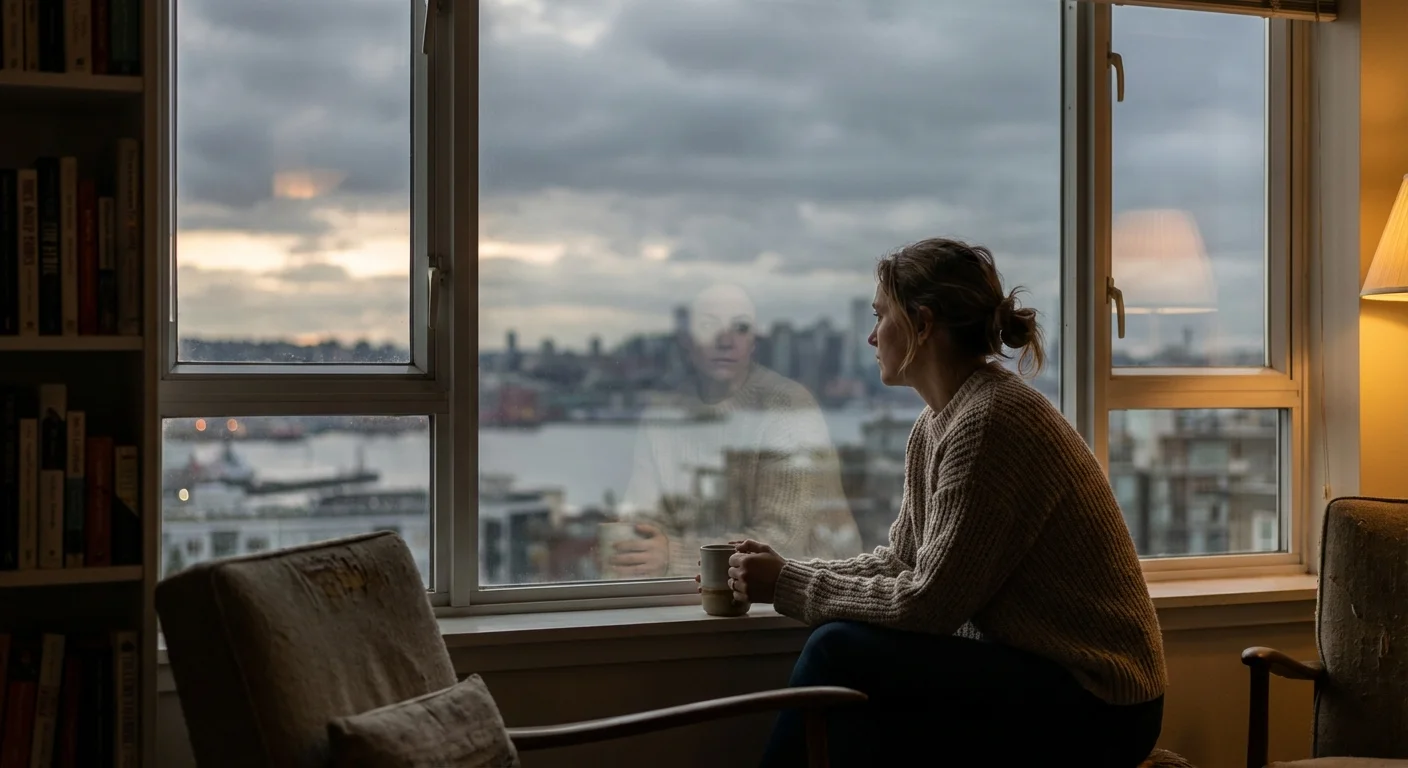 A professional woman looking out a high-rise window at a city skyline, reflecting on her career leverage.