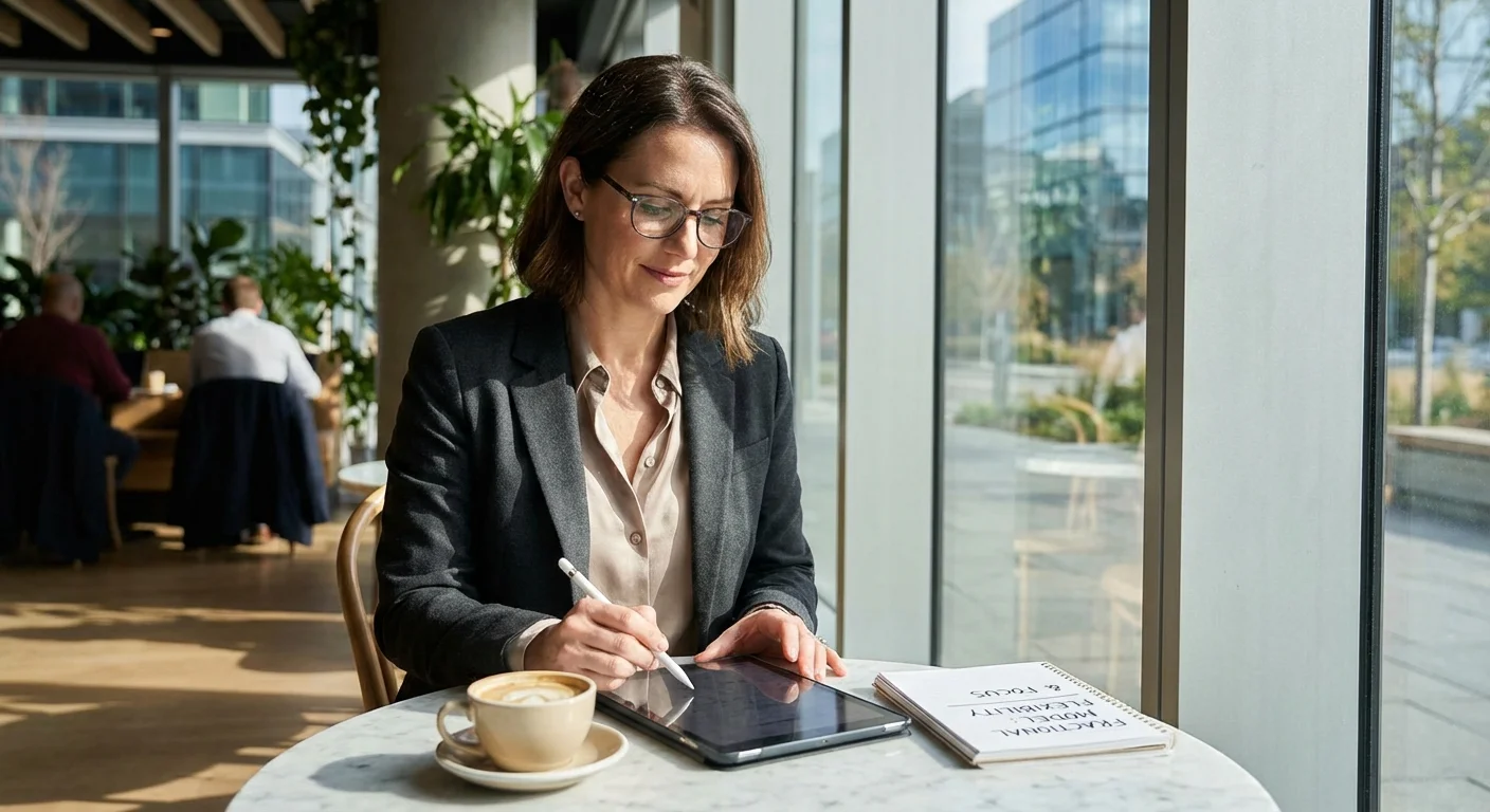 A professional working on a tablet in a bright, upscale cafe setting.