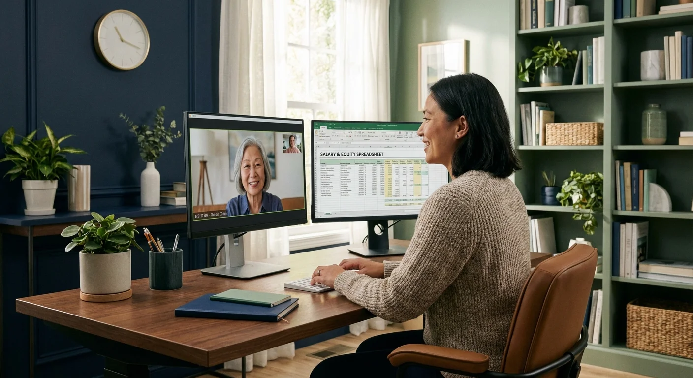 A professional working with both a digital mentor and their own data at a modern desk.